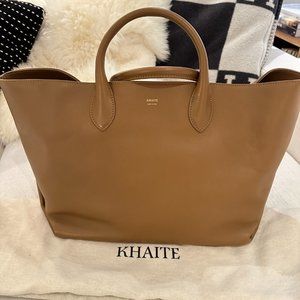 Khaite Amelia Envelope Pleat Medium Tote Bag in Taupe Leather